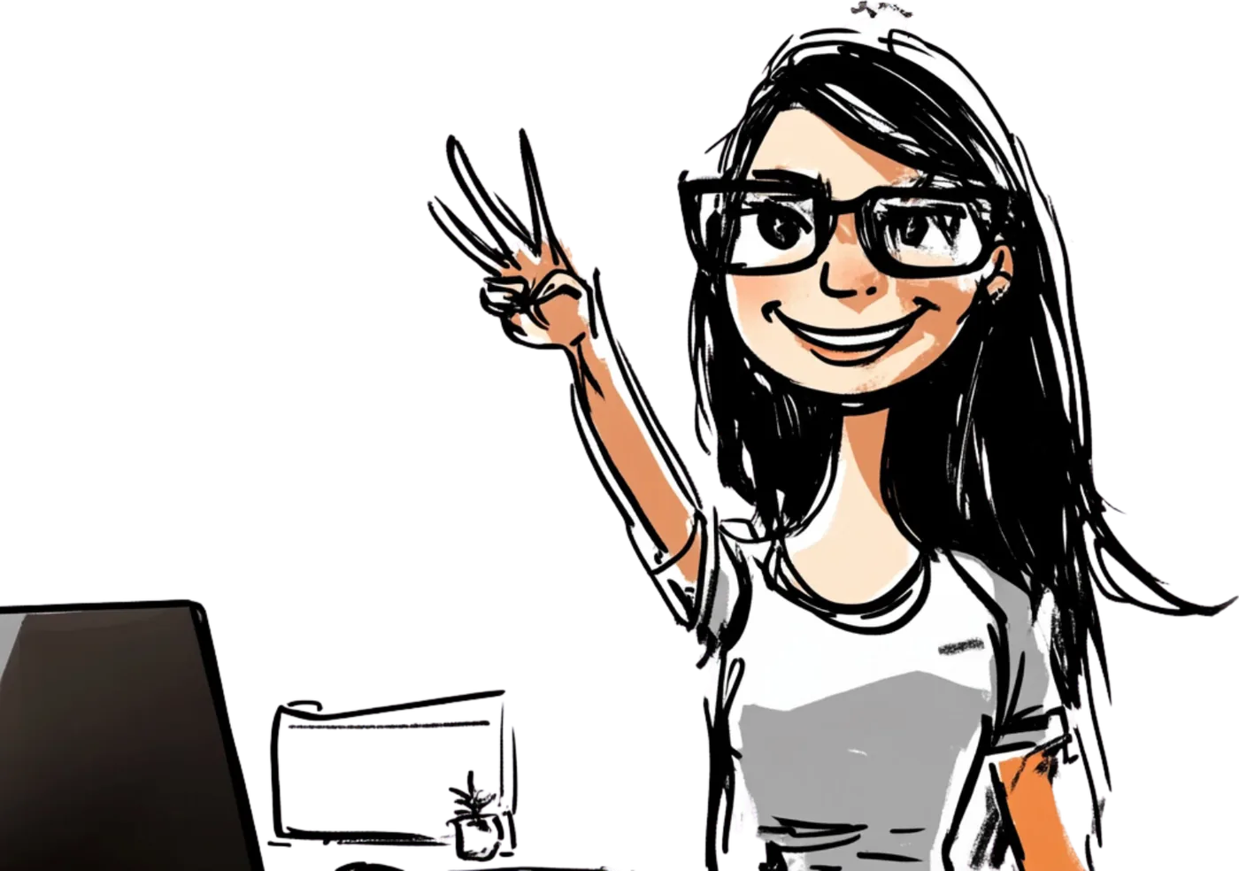 Sketch of Shannon Hayes waving from her desk