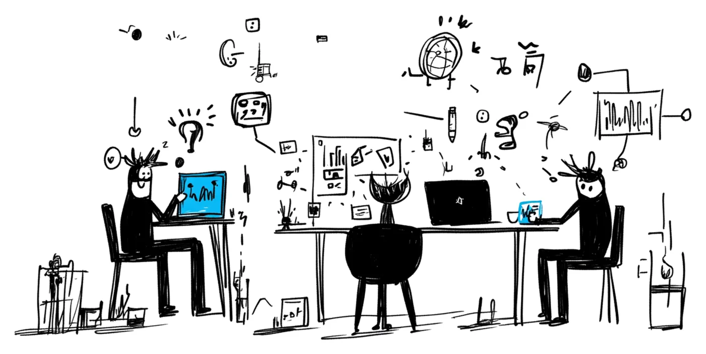 Sketch of two people working at desks with ideas floating above them