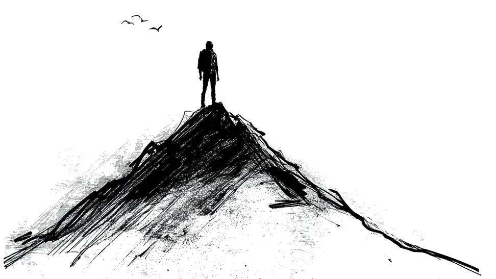 Sketch of a person standing on top of a mountain