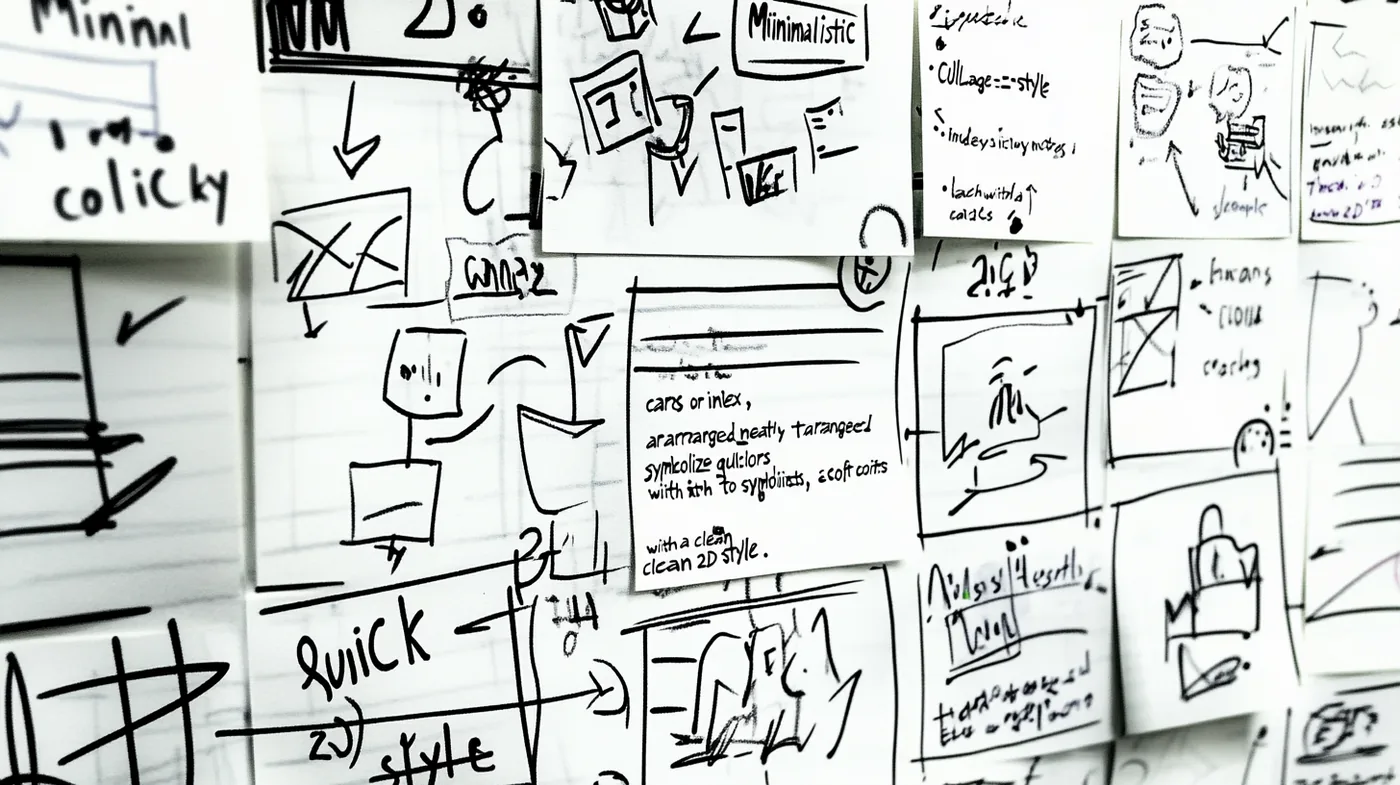 Sketch of a wall of sticky notes and sketches