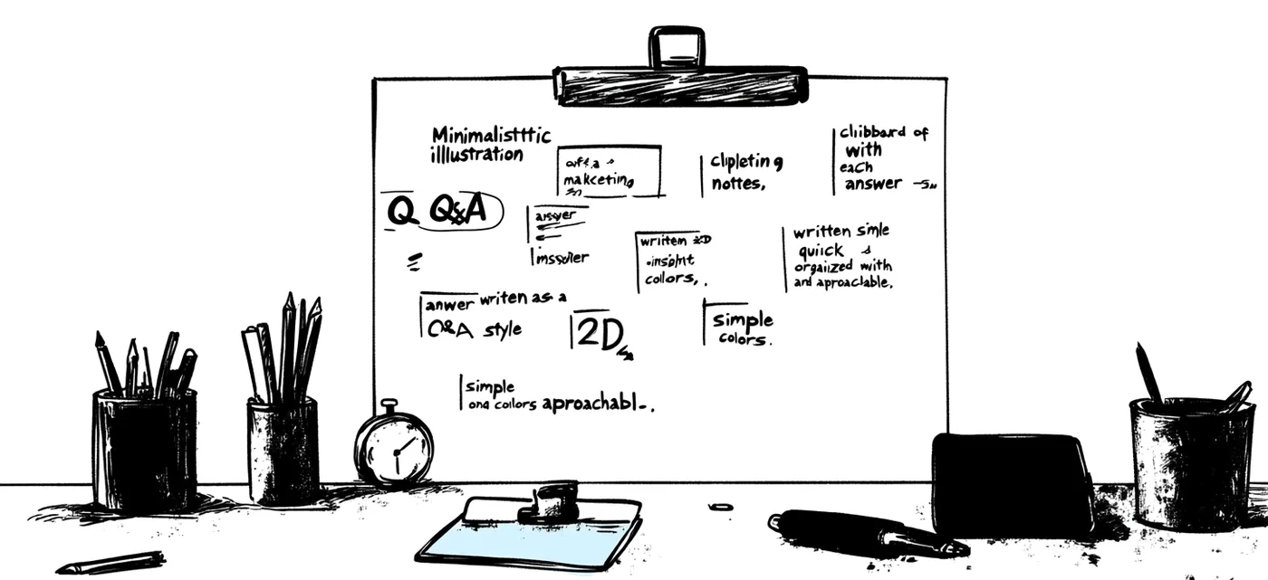 Sketch of a desk with a whiteboard of questions and answers