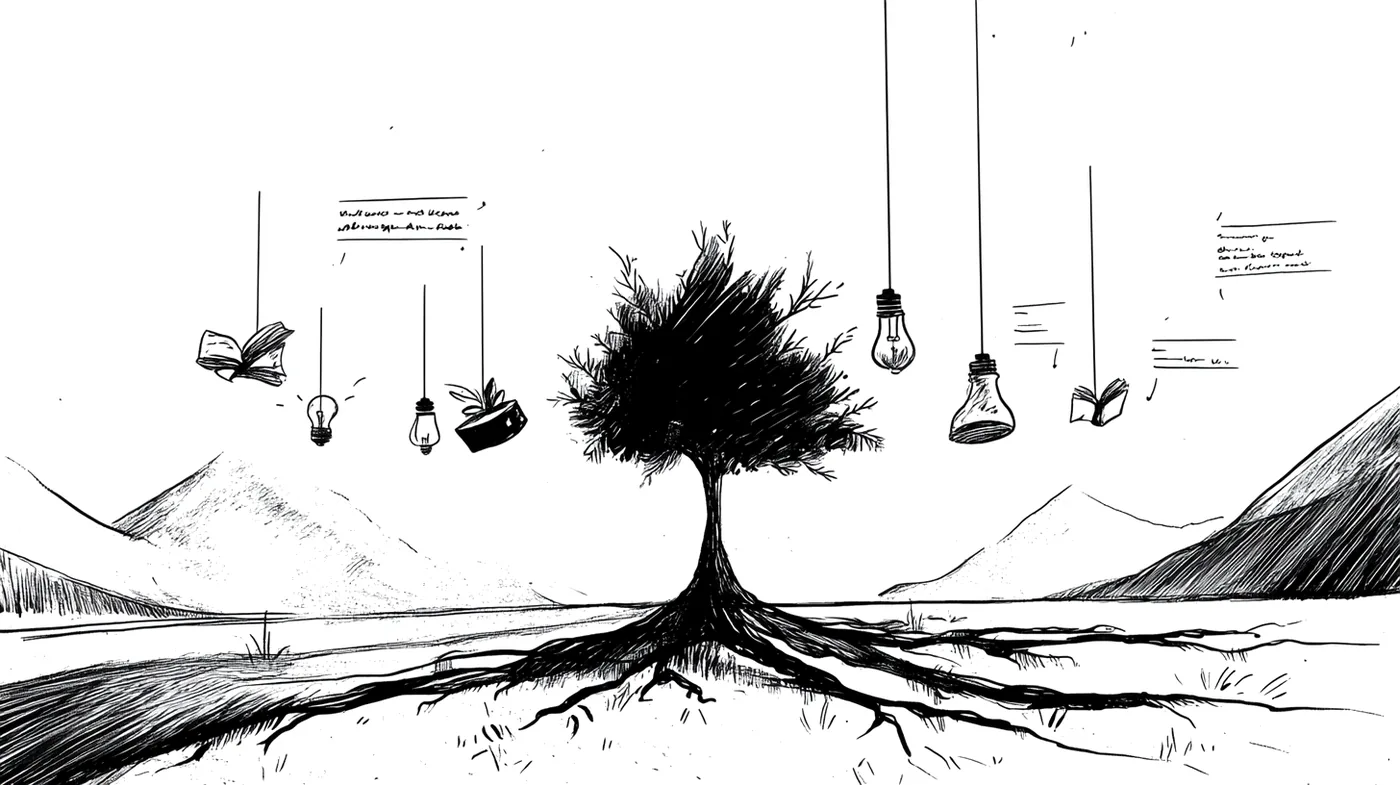 Sketch of a tree with deep roots and ideas hanging around it