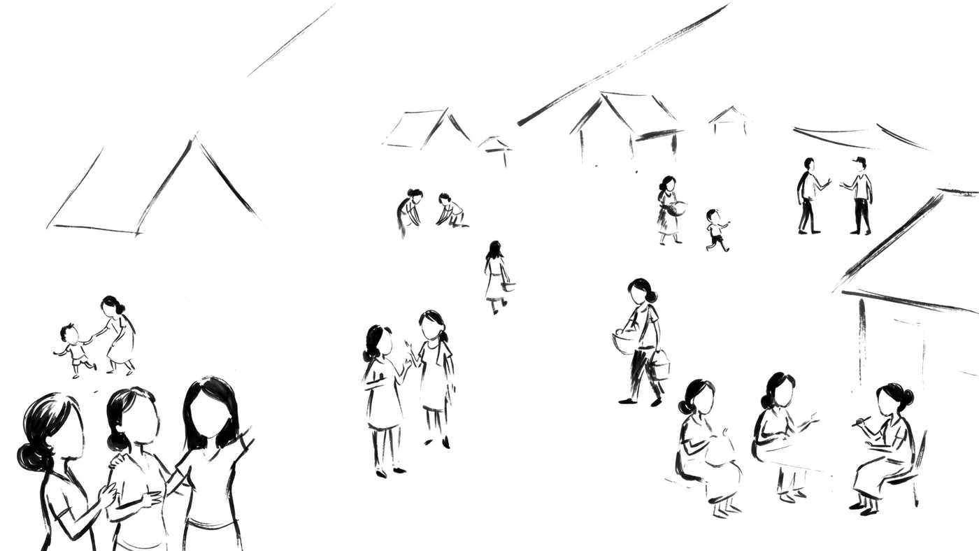 Sketch of a village with women, children and neighbors gathered together